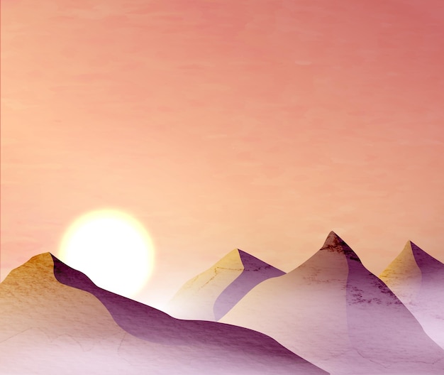 landscape art background with mountains and sun at sunset or sunrise in fog watercolor poster in pink tones for interior design wallpaper print