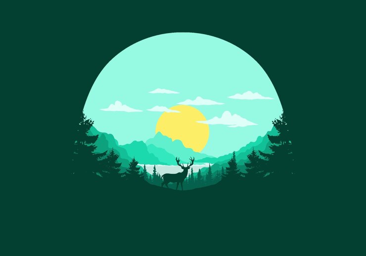 Vector landscape art illustration of lake and pine forests