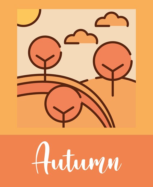 Landscape autumm forest trees nature cartoon, filled line flat vector illustration