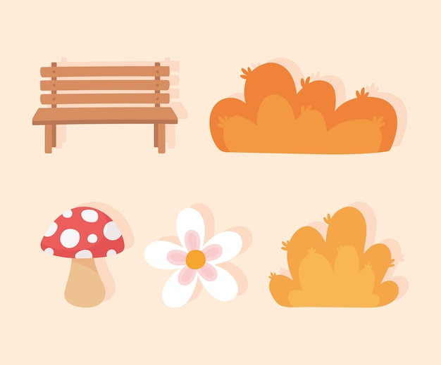 Landscape in autumn nature scene, bench park mushroom flower and bushes icons