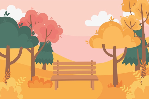 Vector landscape in autumn nature scene, bench rural trees park bushes foliage