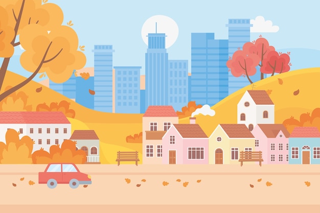 Vector landscape in autumn nature scene, cityscape urban and suburban houses car trees leaves street