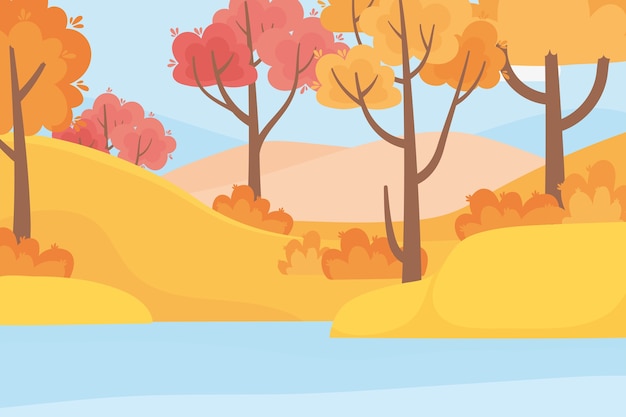 Vector landscape in autumn nature scene, forest trees grass and lake