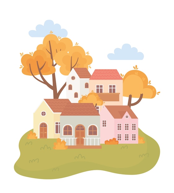 秋の自然シーンの風景、漫画の木の家葉茂み漫画