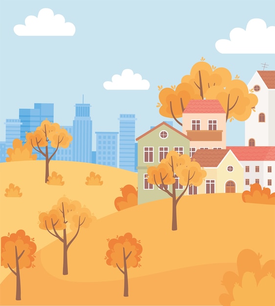 Vector landscape in autumn nature scene, suburban houses in hill trees and urban building background