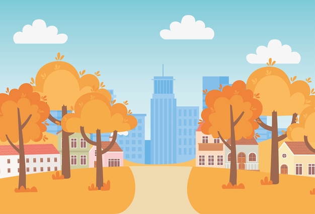 Vector landscape in autumn nature scene, suburban houses trees pathway and cityscape urban background