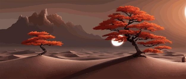 Пейзажный фон, осенний оранжевый, большое кривое дерево на холме, растительный арт-дизайн для обложки для печати