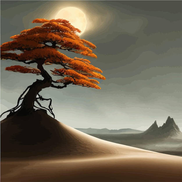 Landscape background autumn orange big crooked tree on the hill aloneplant art design for print