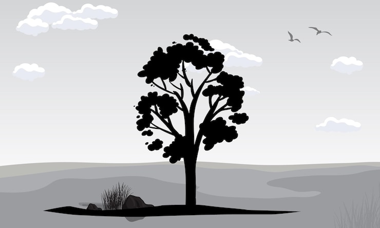 Vector landscape background with black trees and birds
