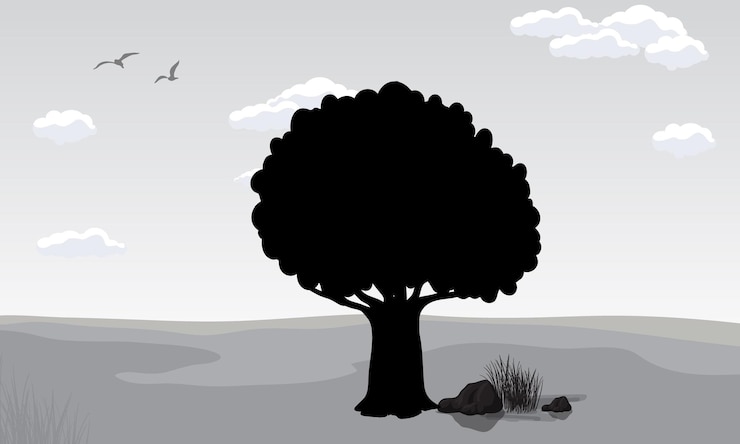 Vector landscape background with black trees and birds
