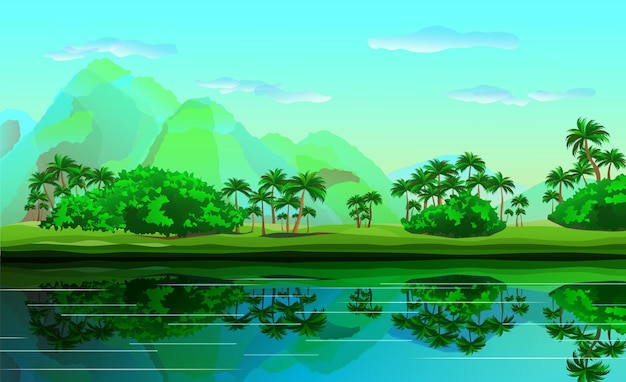 Landscape background with palm trees river and mountains. Vector illustration.