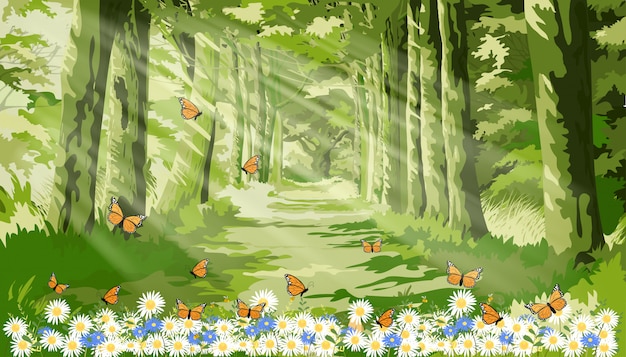 landscape of Beautiful illustration of nature with sun light shining in morning forest foliage, Fantasy cartoon of green forest with butterfly and bee flying over daisy field