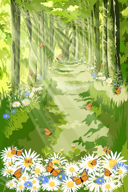 landscape of Beautiful illustration of nature with sun light shining in morning forest foliage,Fantasy cartoon of green forest with butterfly and bee flying over daisy field