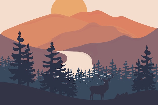 Vector landscape beautiful mountains in the afternoon are orange and green