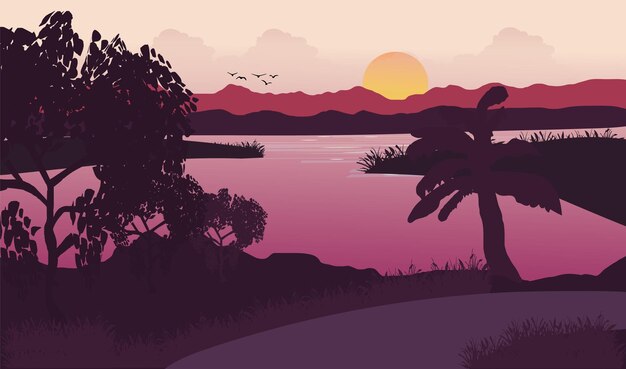 Vector landscape beautiful vector illustration - peaceful warm sunrise over mountains, ocean, and forest.