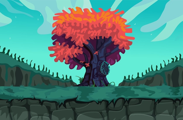 Paesaggio big tree gioco sfondo cartone animato vettore, game design natura asset