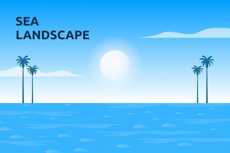 Vector landscape of blue sea with sunny sky illustration