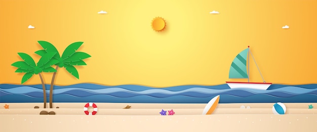 Landscape of boat sailing on wavy sea with summer stuff on beach and bright sun for Summer time