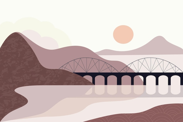 Landscape brown tones sky mountains river sea bridge style  minimalist hand drawn panorama