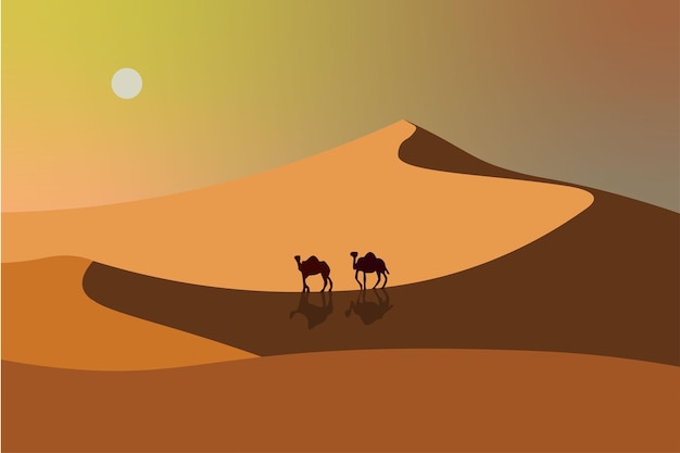 landscape of camel on desert with yellow sand