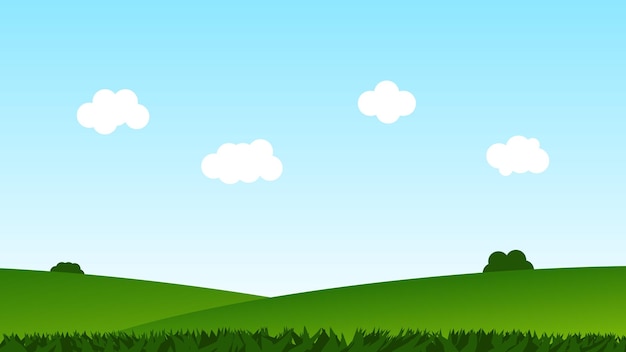 Vector landscape cartoon scene background green field with white cloud and blue sky