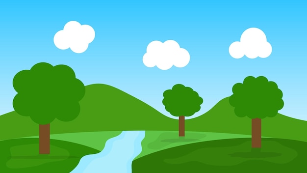 landscape cartoon scene. green trees on hills with blue river and white fluffy cloud in blue sky