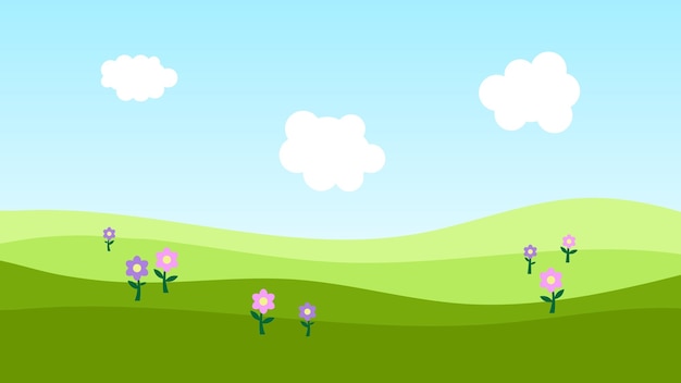 Vector landscape cartoon scene with green field and white cloud in summer blue sky background