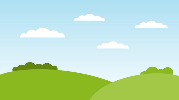 Пейзаж мультфильм сцена с зелеными холмами и белым облаком на фоне летнего голубого неба