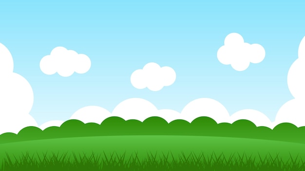 Landscape cartoon scene with green hills and white cloud in summer blue sky background