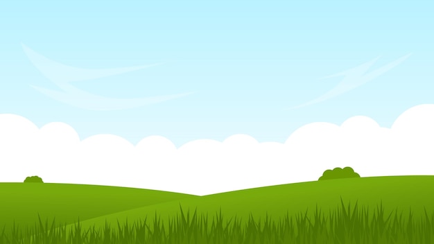 Vector landscape cartoon scene with green hills and white cloud in summer blue sky background