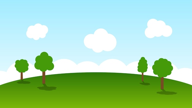 landscape cartoon scene with green trees on hills and white cloud in blue sky background