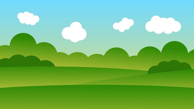 пейзажная мультяшная сцена с зелеными деревьями на холмах и белым облаком на фоне голубого неба