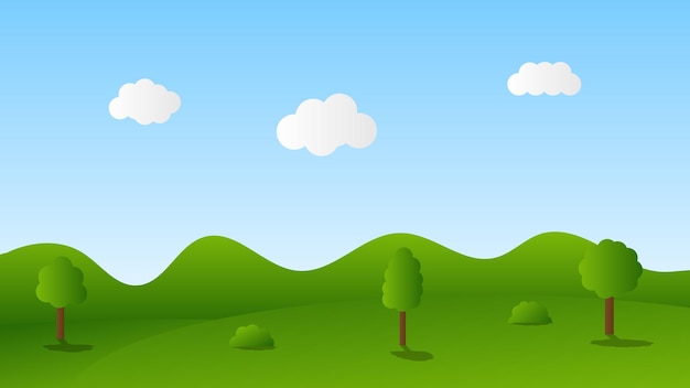 Vector landscape cartoon scene with green trees on hills and white fluffy cloud in blue sky