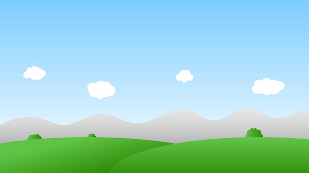 Vector landscape cartoon scene with green trees on hills and white fluffy cloud in blue sky