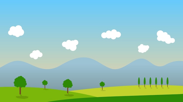 Пейзажная мультяшная сцена с деревом на зеленых холмах и белым облаком на летнем фоне голубого неба