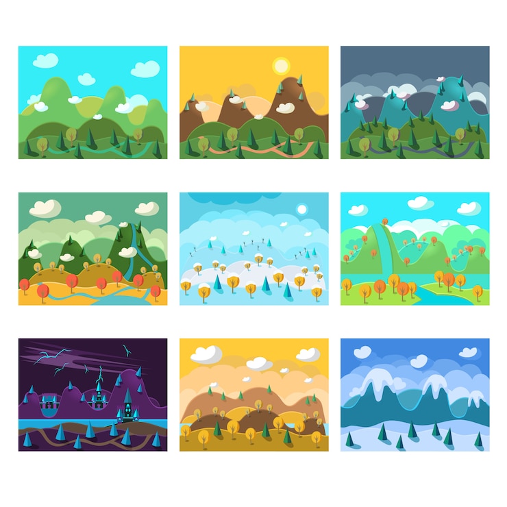 Vector landscape cartoon seamless backgrounds set
