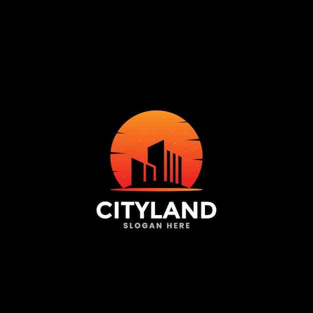 Vector landscape city logo building silhouette with the sunset