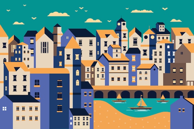 Landscape city riverbank flat design illustration