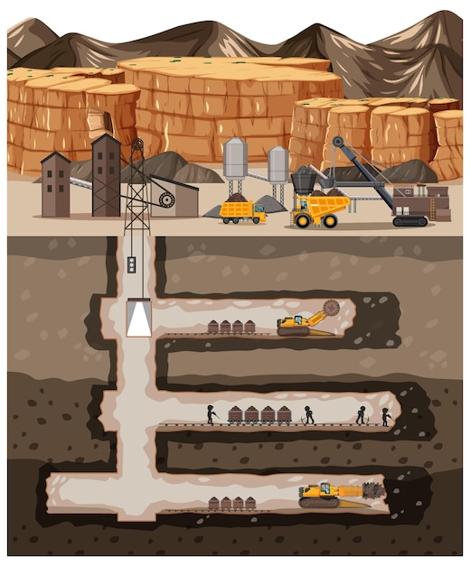 Paesaggio dell'industria della miniera di carbone con metropolitana