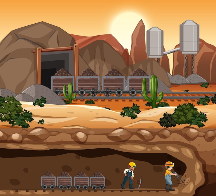 Vector landscape of coal mining scene at sunset time