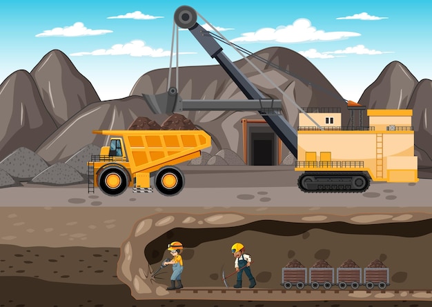 Vector landscape of coal mining with underground scene