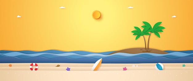 Landscape of coconut tree on island and summer stuff on beach with bright sun for summer time event