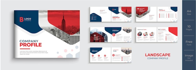 Vector landscape company profile brochure design or red color shape brochure template