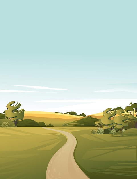 Пейзаж сельской местности с грунтовой дорогой, зеленой травой и деревьями, мультяшный дизайн, плоская векторная иллюстрация, вертикальный дизайн