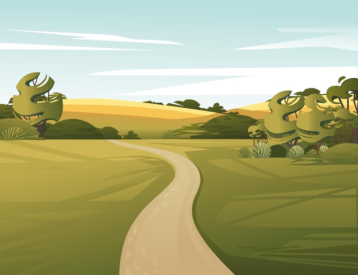 Vector landscape of countryside with dirt road green grass and trees cartoon design flat vector illustration