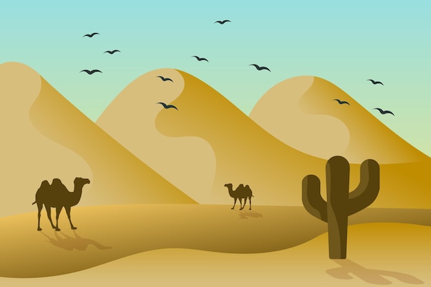 Landscape desert with dunes camels and cacti against a blue sky\
with birds illustration