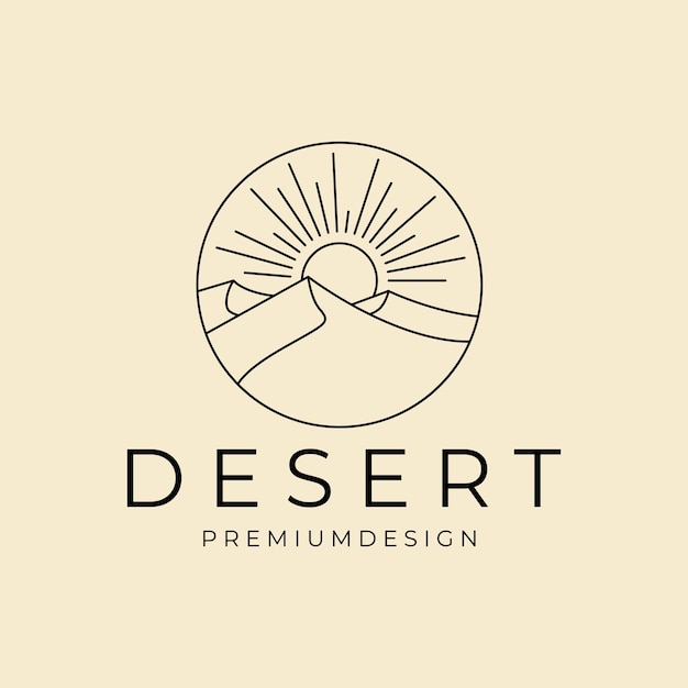 Пейзажная пустыня с логотипом солнца, линия искусства, векторная иконка, символ графического дизайна, иллюстрация