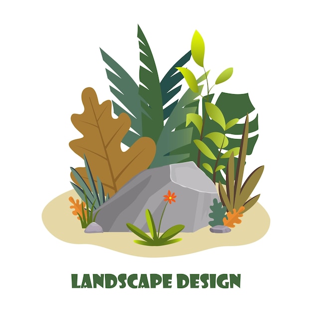 Landscape design composition with plant and stones Cute floral composition for greeting card banner