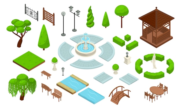 조경 디자인 공원 아이소메트릭 생성자 아이콘은 다양한 유형의 녹색 나무 덤불 산책로 및 건축 요소 벡터 삽화로 설정됩니다.