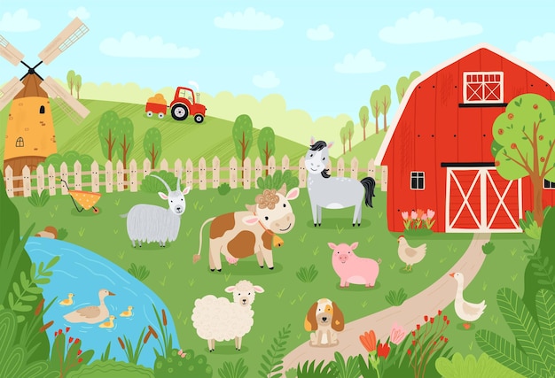 Landscape farm. cute background with farm animals in a flat style. illustration with pets cow, horse, pig, goose, rabbit, chicken, goat, sheep, dog, barn, mill, tractor at the ranch. vector